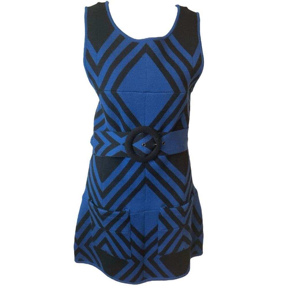 Alice + Olivia Blue Black Wool Belted Mini Dress Size Medium